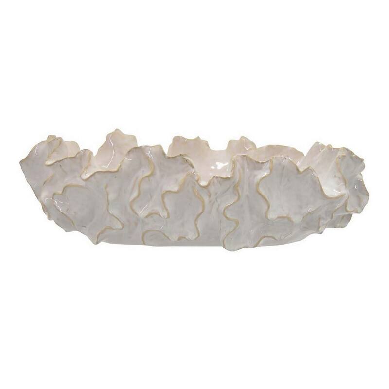 Decorative Accent Bowl, 18 Inch, Natural Wavelike Body, White Ceramic
