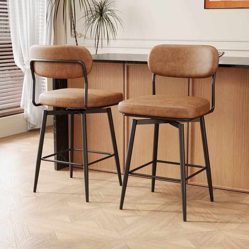 Bar Chairs Set of 2 Piece Set, 360 ° Swivel Bar Chair with Leather Cushions and Iron Brackets Counter Height Bar Chairs - Brown