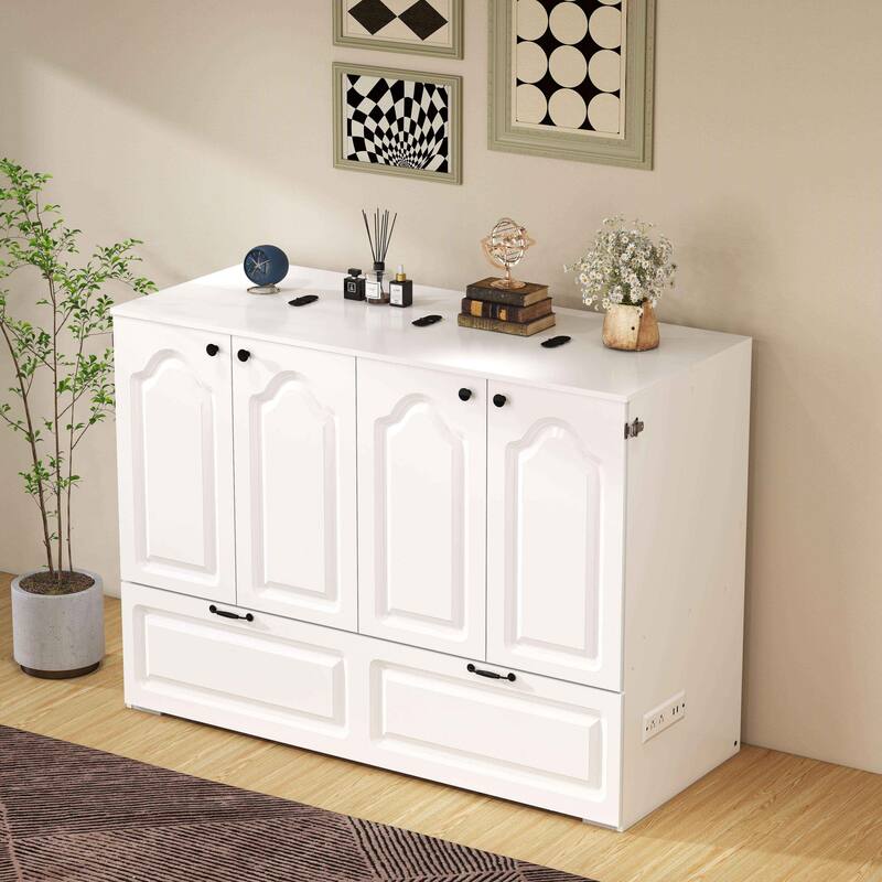 Murphy Cabinet Bed with Charging Station & Storage Drawer, Foldable Platform Bed for Small Spaces