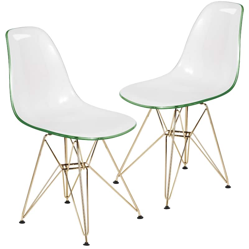 Cresco Modern Ergonomic Curved-Back Acrylic Dining Side Chair with Eiffel Design Base and Hand-Brushed Gold Metal Legs Set of 2 - White Green
