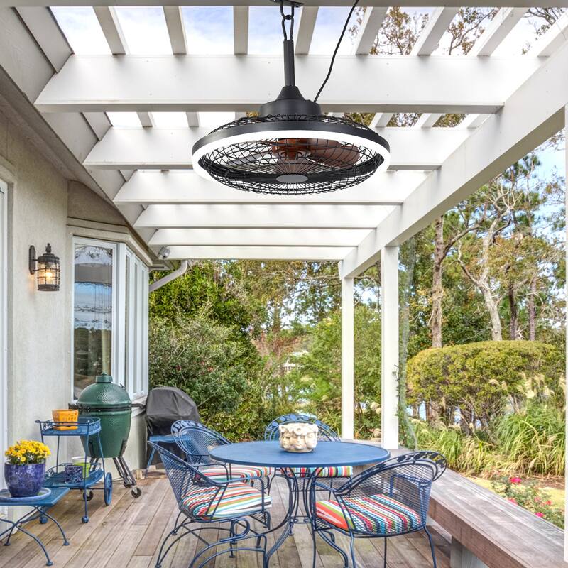 Cusp Barn 20 Inch Outdoor Indoor Ceiling Fan with Lights and APP, Modern Caged Plug In Smart Black Gazebo Ceiling Fan for Patios