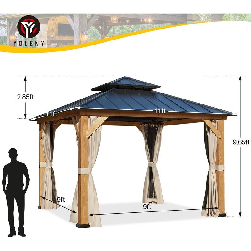 Cedar Wood Gazebo for Outdoors - Hardtop Waterproof Backyard Pergola, Natural Wood Patio Cover with Easy Assembly