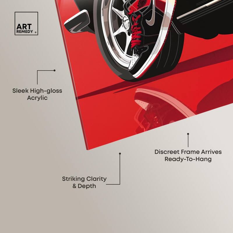 Red Bold Sneaker and Car Acrylic by Art Remedy, Ready to Hang