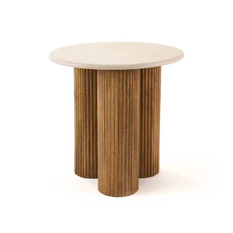 Cid Den End Table, Brown Wood, Round Botticino Marble Top, 20 Inch