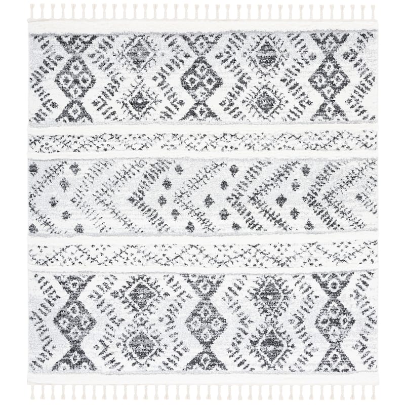 SAFAVIEH Moroccan Tassel Shag Ilijana 2-inch Thick Rug - 6'7" Square - Ivory/Grey