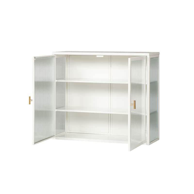 Modern White Wall Cabinet with Fluted Glass Doors and Three-Tier Storage for Entryway, Bathroom, or Living Room
