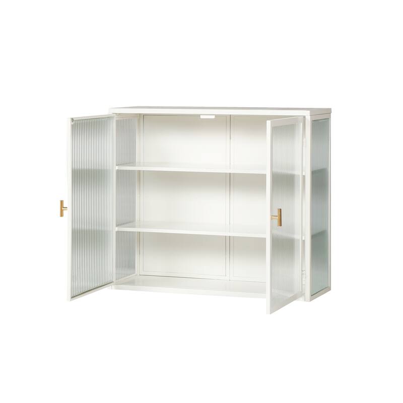White Sideboard Buffet Wall Cabinet w/ Glass Doors & Removable Shelves