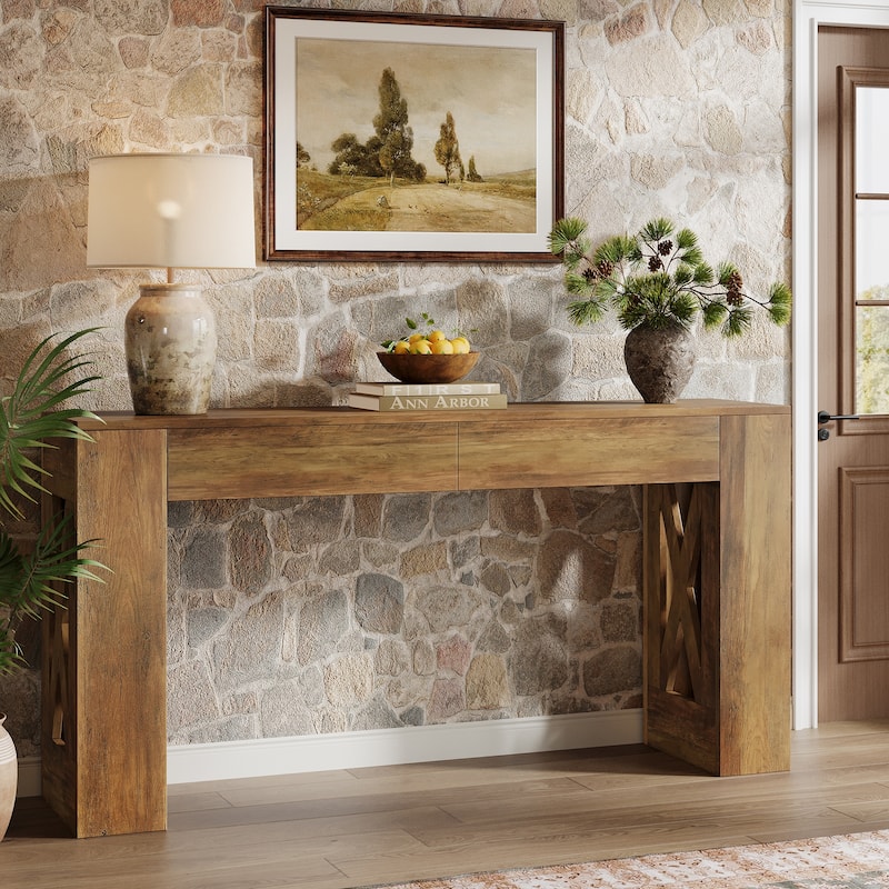 63-Inch Long Console Table, Farmhouse Entryway Table with 2 Drawers