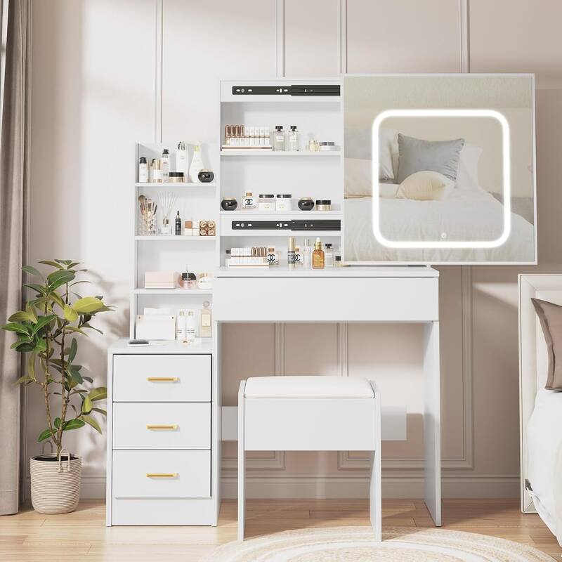 4 Drawers Dressing Table, Makeup Vanity Desk with Mirror and Lights for Bedroom - White