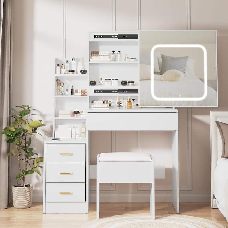 Vanity Desk with Mirror and LED Lights - White