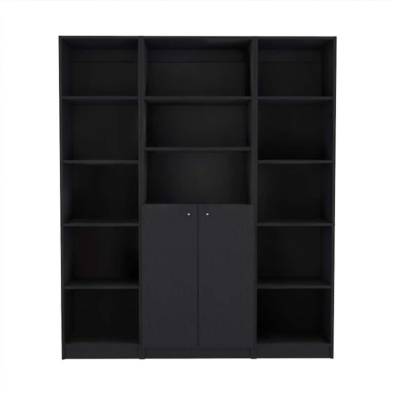 HomeRoots Set of Three Black Five Tier Bookcases with Two Doors