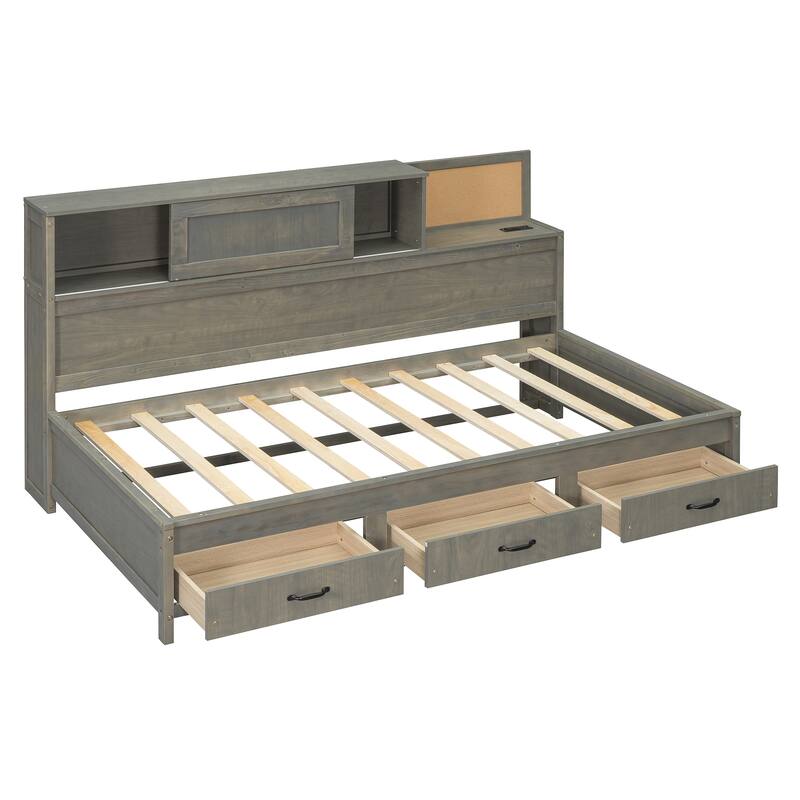 Twin Size Wooden Daybed with 3 Storage Drawers, USB Ports, Pushable Shelf, Gray