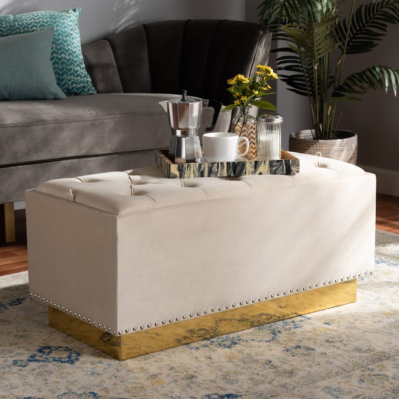 Powell Glam and Luxe Velvet Fabric and Gold PU Leather Storage Ottoman