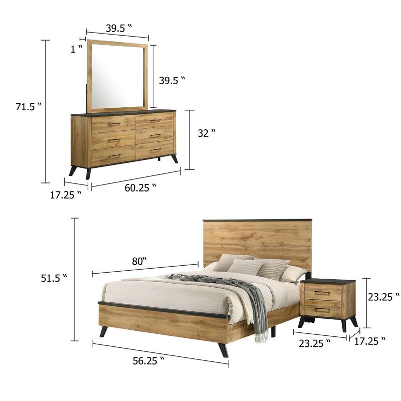 Wemy 4 Piece Full Size Bed Set, Rustic Brown Pine Wood, Tapered Legs