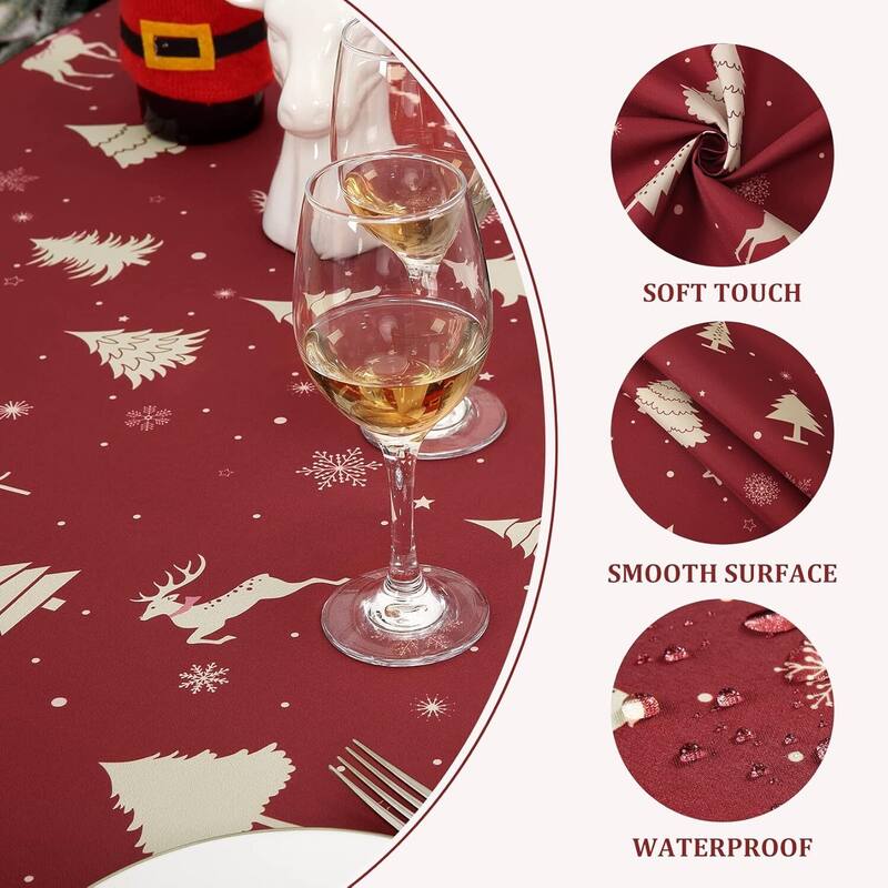 Christmas Round Tablecloth Waterproof Holiday Xmas Decor, Red