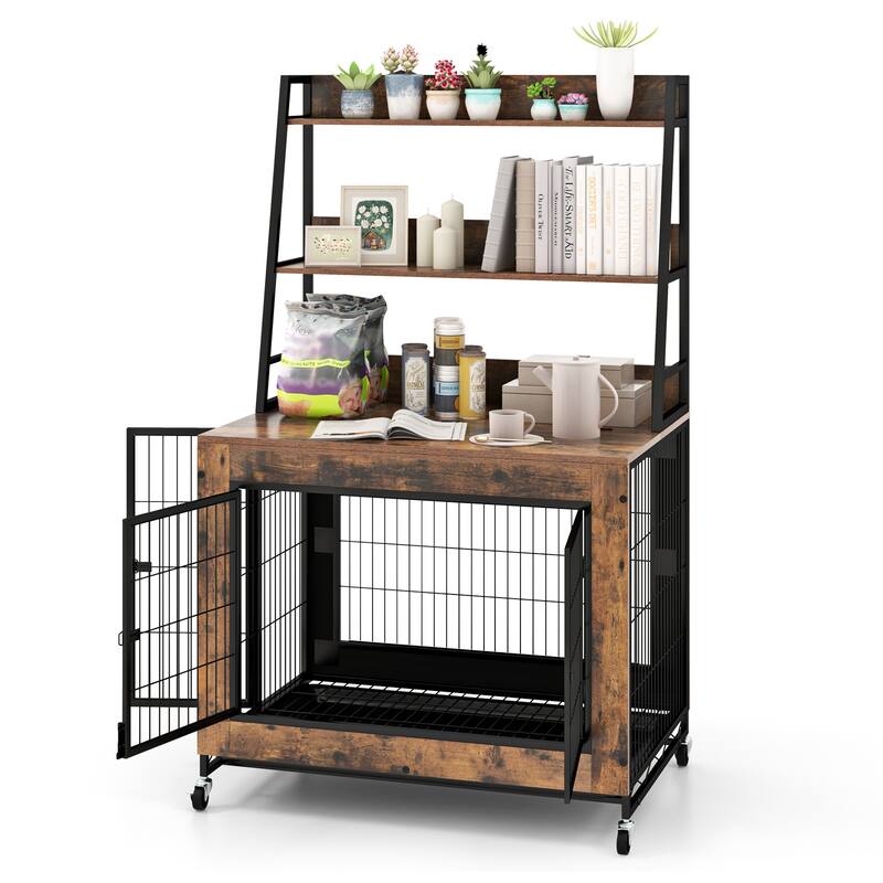 Gymax Dog Crate Furniture w/ Storage Shelves Industrial Dog Kennel w/