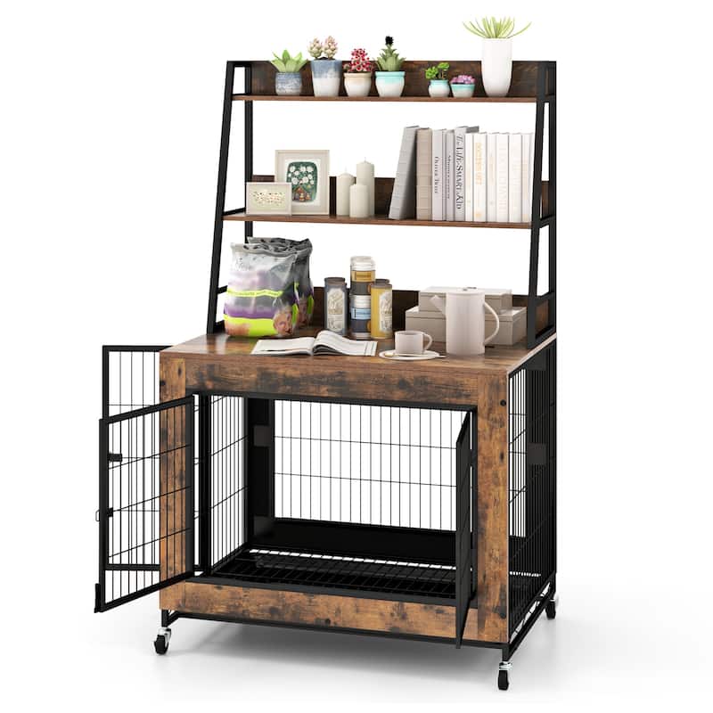 Wooden Dog Crate with Storage Shelves, Tray and Lockable Wheels - 59" x 38" x 25" (L x W x H)