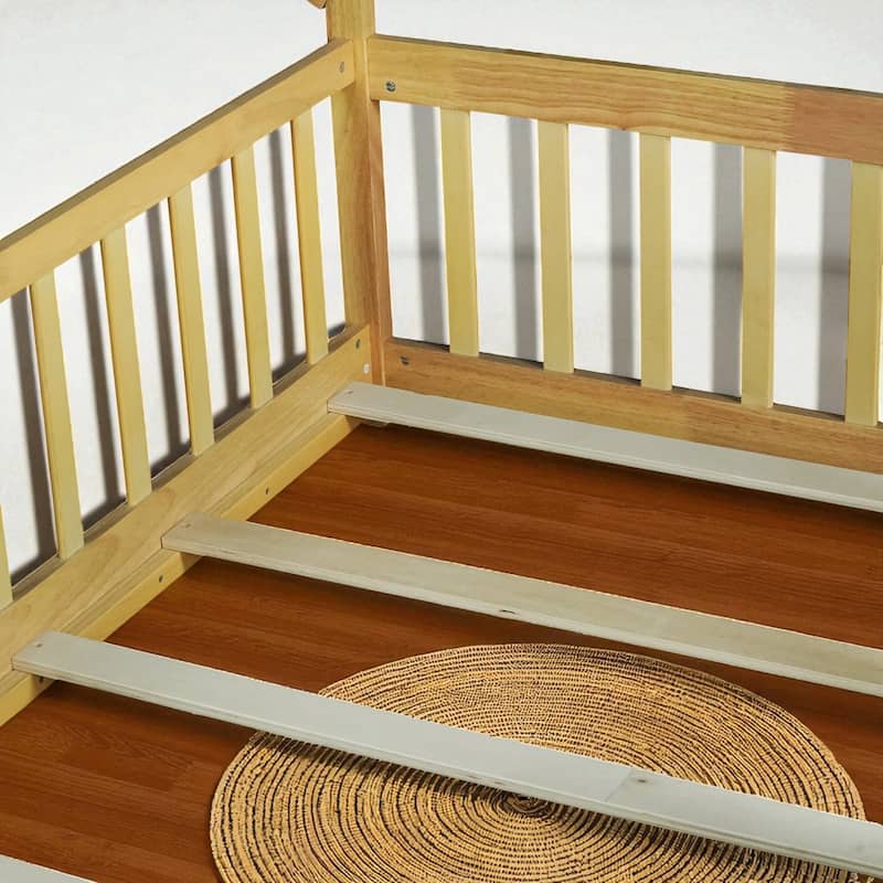 Twin Tent-Shaped Floor Bed with Guardrails, Low Platform Teepee Bed Frame with Slats, Solid Wood Design