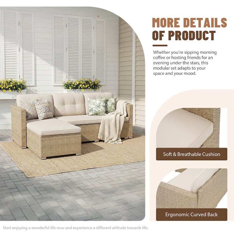 L-Shaped Outdoor Sectional Sofa, PE Wicker Patio Sofa Set with Table and Cushions