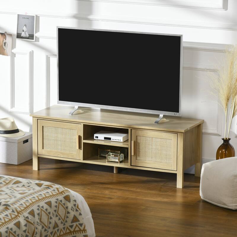 TV Console for 60" TV, Natural Wood Entertainment Center with Rattan Doors, Adjustable Shelves, and Storage Cabinets