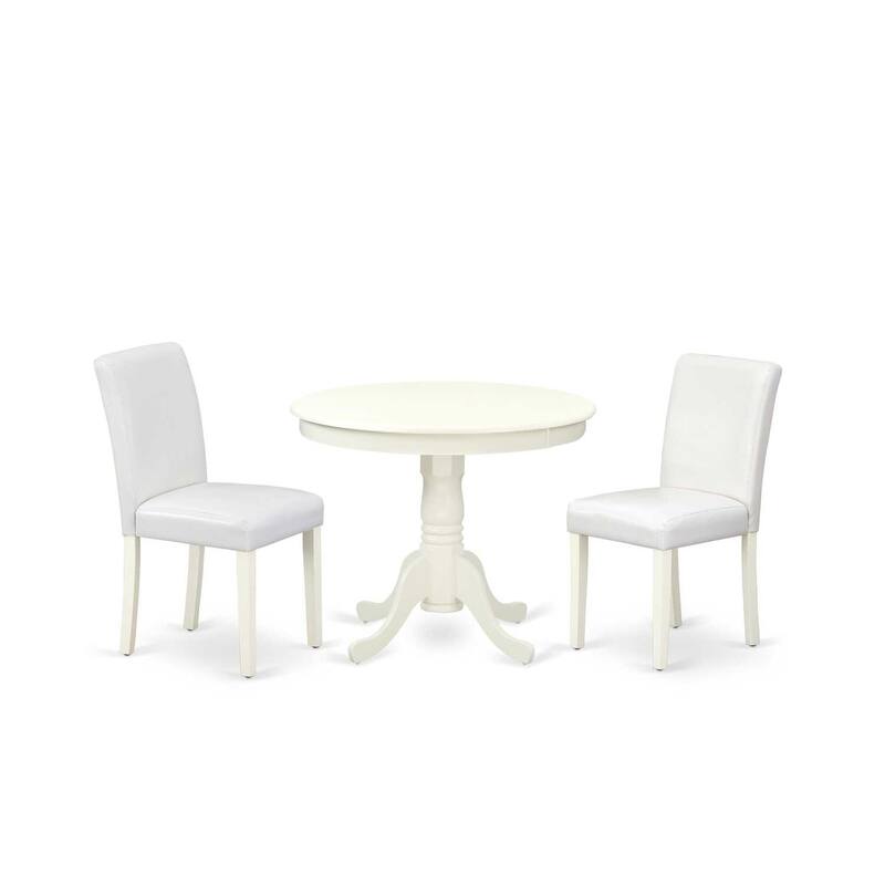 Dinette Set 3pc Table & Chairs - White PU Leather - 36 Inch Round Table - Victorian Style - Home Kitchen Furniture