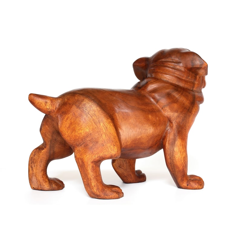 Wooden Hand Carved Walking Bulldog Statue Figurine Sculpture Art Rustic Home Decor Accent Handmade Handcrafted Wood Gift Dog