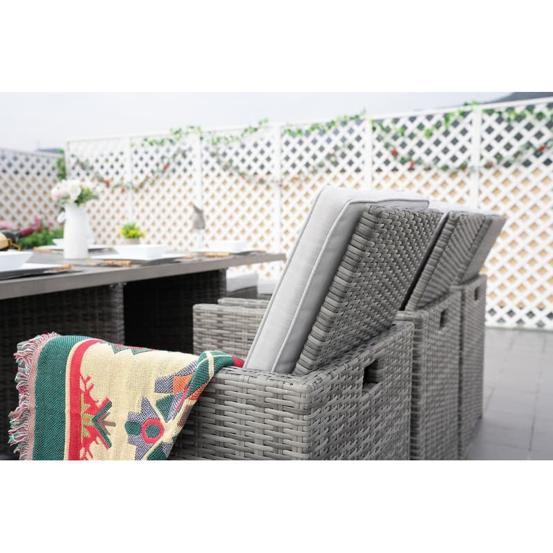 11-Piece Patio Wicker Aluminum Dining Table Set w/ Chairs and Ottomans