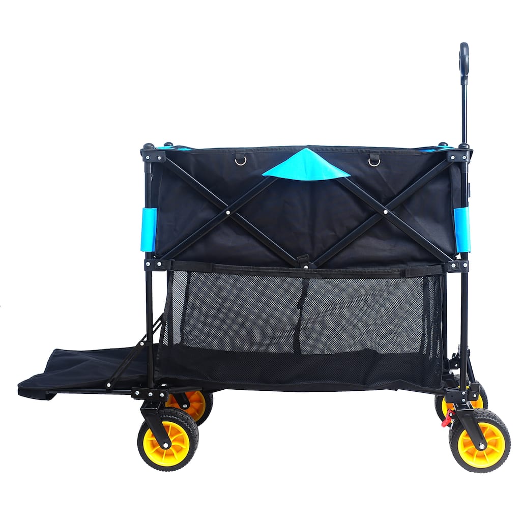 Extra-Long Large Capacity Folding Wagon Cart - Extended Garden & Beach Hauler, Black & Blue