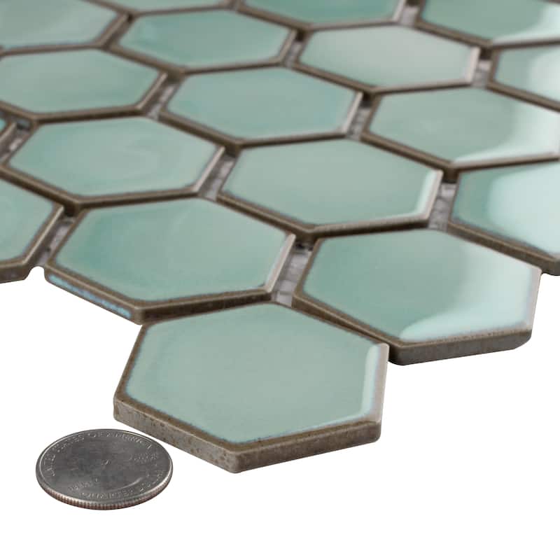 Merola Tile Hudson Due 2" Hex Mint Green 10-7/8" x 12-5/8" Porcelain Mosaic Floor and Wall Tile