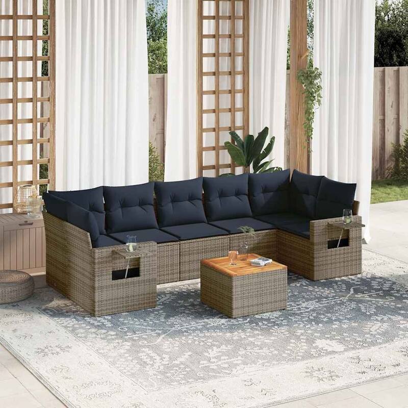 vidaXL 8 Piece Patio Sofa Set with Cushions Black Poly Rattan - 24.4" x 24.4" x 27.2" - Grey and blue