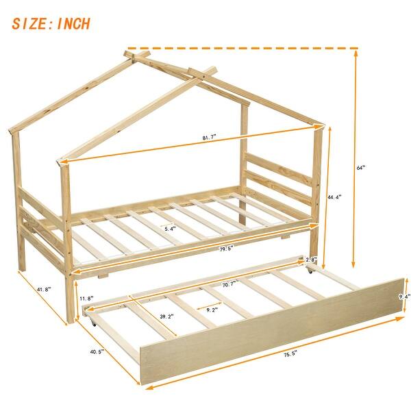 dimension image slide 2 of 3, Twin Size House Bed Frame for Kids with Trundle, No Box Spring Needed