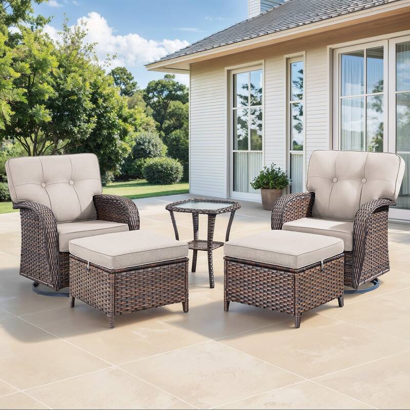 Gymojoy 5-Piece Outdoor Wicker Swivel Chair Set with Ottomans & Side Table, 5" Thick Cushions - Brown Wicker / Beige Cusion - 5-Piece