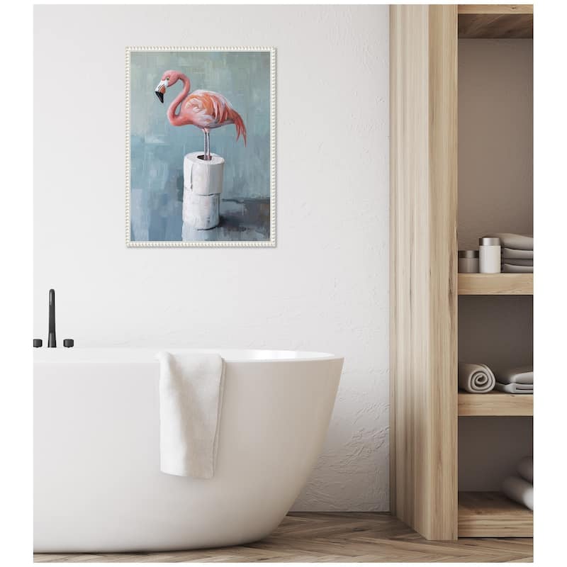 Kate and Laurel Sylvie Flamingo Standing with Toilet Paper Rolls Bathroom Art Framed Canvas by The Creative Bunch Studio