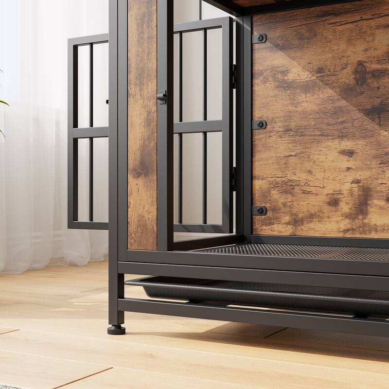 Dog Crate Furniture,Wooden Dog Crate Table,32.8" Dog Kennel with 2 Sliding Doors and Thick Iron Door Frame,for Medium/Small Dog