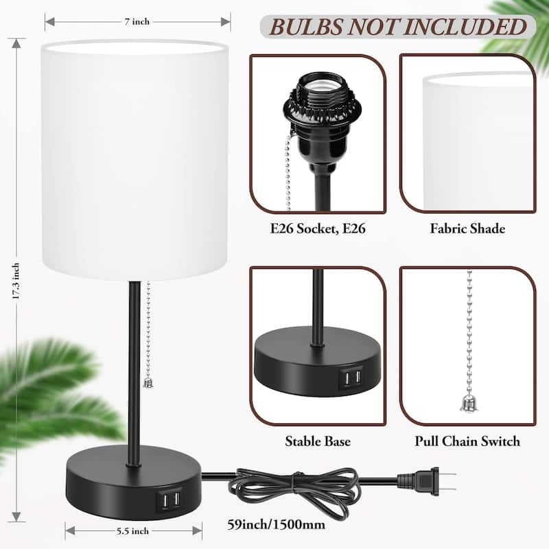 Table Lamps Set of 2 with USB Charging Ports, White Bedside Lamps with AC Outlet, Nightstand Lamps with Pull Chain Switch