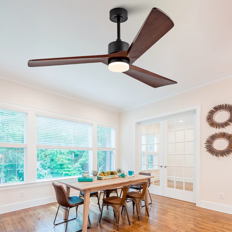 60 Inch Ceiling Fan with Light and Remote, 3 Walnut Solid Wood Blades, Quiet DC Motor, 6-Speed 5000 CFM - Black + Dark Walnut