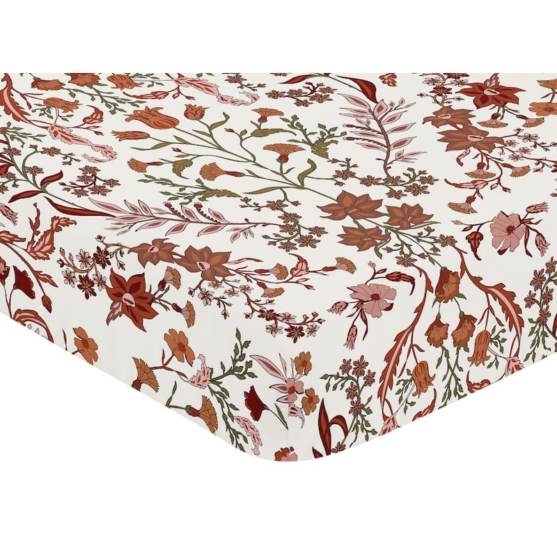 Sweet Jojo Designs Ivory and Orange Boho Vintage Floral Girl Fitted Crib Sheet Bohemian Rust Daisy Botanical Flower Green Fringe