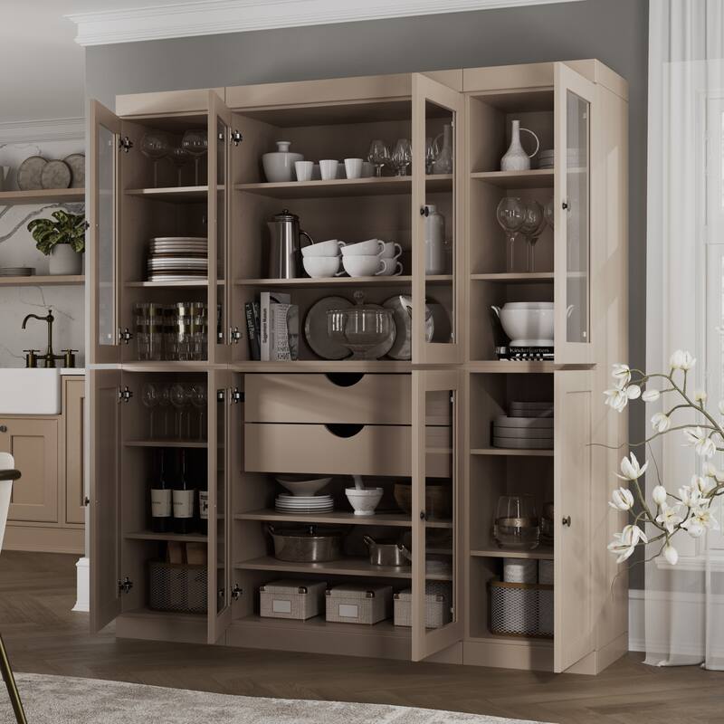 Palace Imports 100% Solid Wood 65" Pantry Cabinet with Clear Glass, Shaker Doors, 2-Drawers and Adjustable Shelves