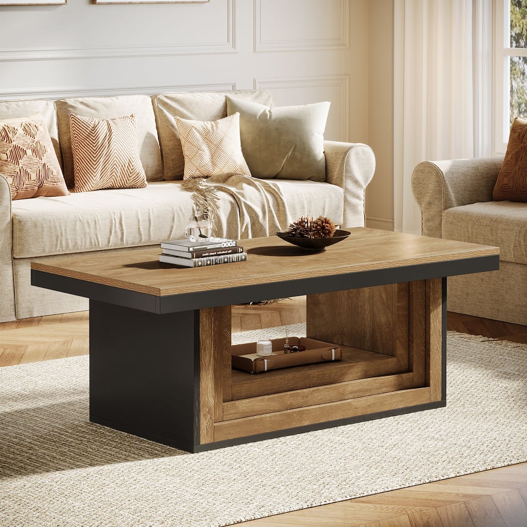 47" Retro Modern Coffee Table With Open Shelf For Living Room