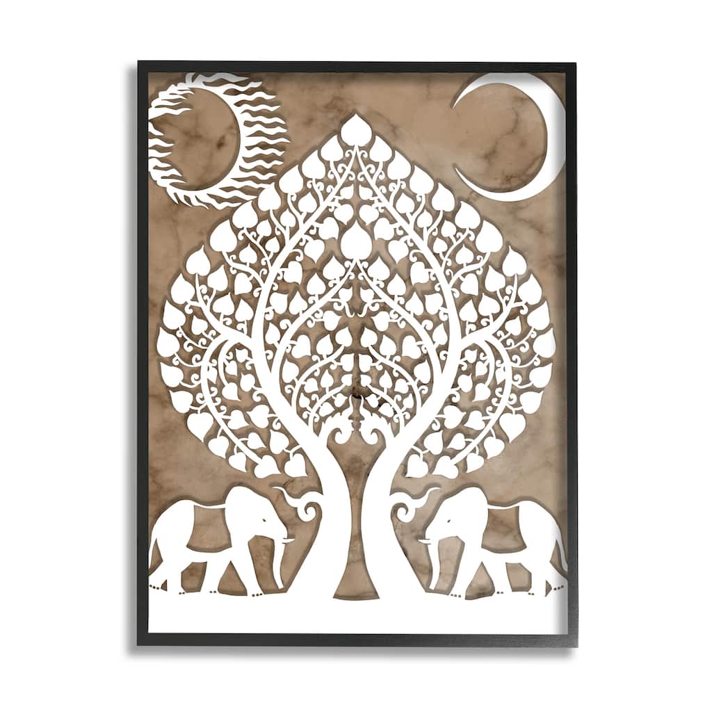 Stupell Boho Elephants Tree of Life Abstract Sun Moon Framed Wall Art - White