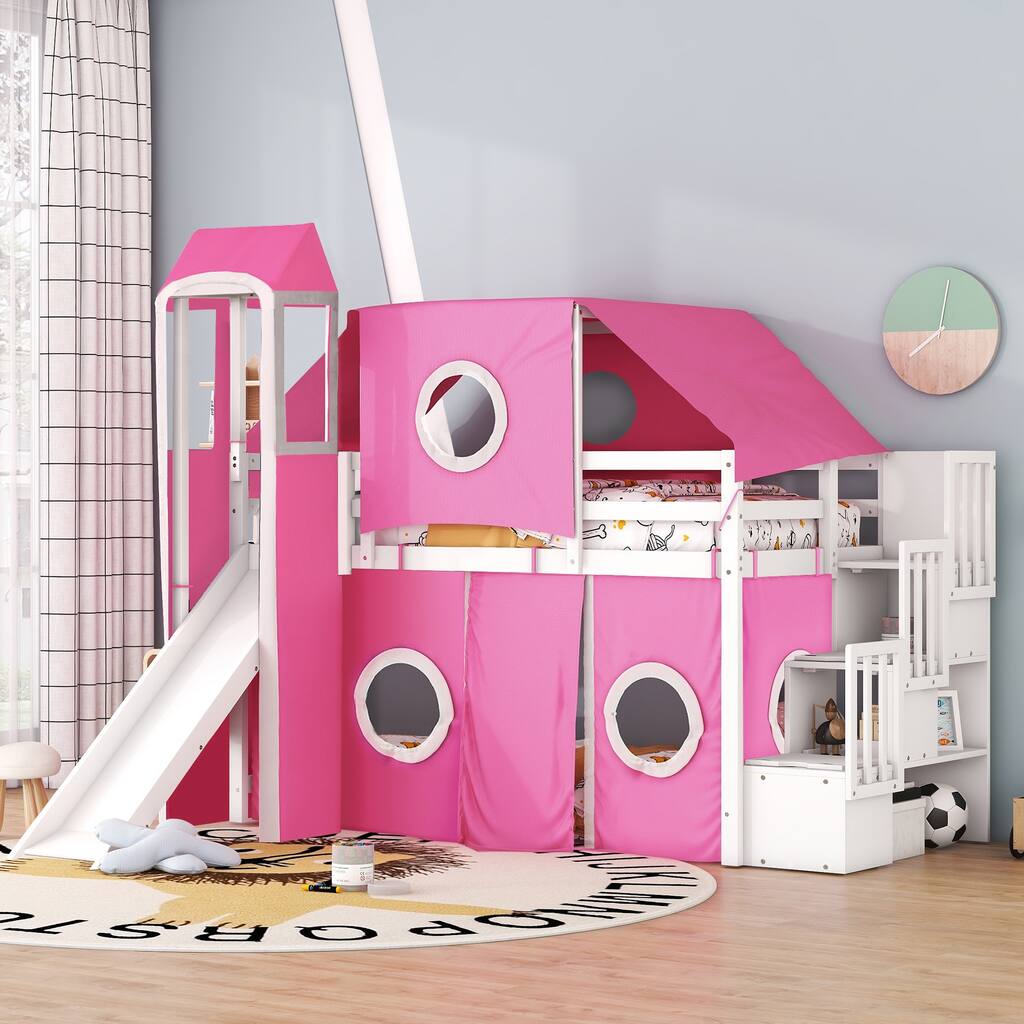 Twin Size Loft Bed with Tent and Tower - Pink