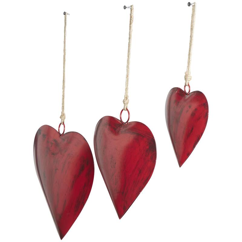 Metal Heart Tibetan Inspired Decorative Bells with Jute Hanging Rope - Set of 3 Red, Silver or Gold - Roche River Decor