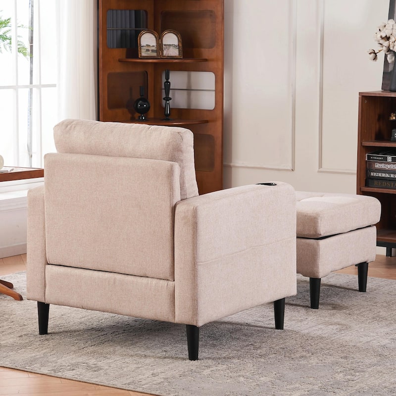 Upholstered Armchair and Storage Ottoman Set with Cup Holders and Tufted Detailing