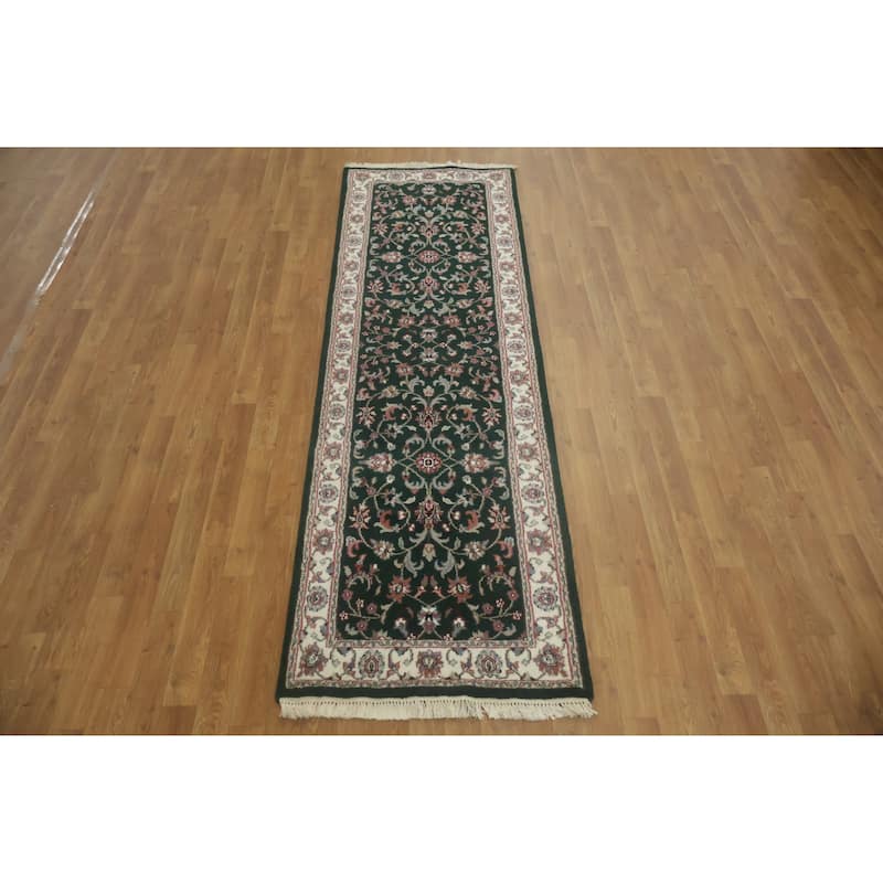 Hand Knotted Oriental 100% Wool Carpet Traditional All-Over Green Kashan Runner Rug - 8' 1'' X 2' 6''