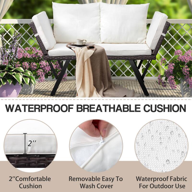 Convertible Patio Sofa with Cushions and Adjustable Armrests - 70.3" x 23.4" x 32.8"