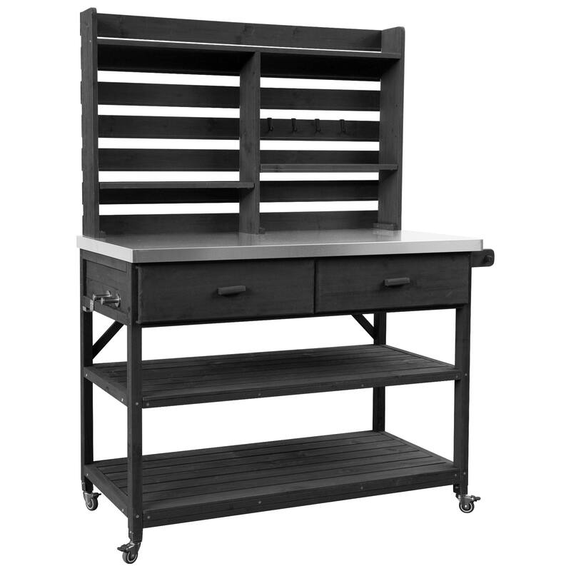 64.9"H Outdoor Potting Table with Lockable Wheels,Solid Wood Kitchen Island with Upper Hutch,Stainless Steel Top,Towel Rack