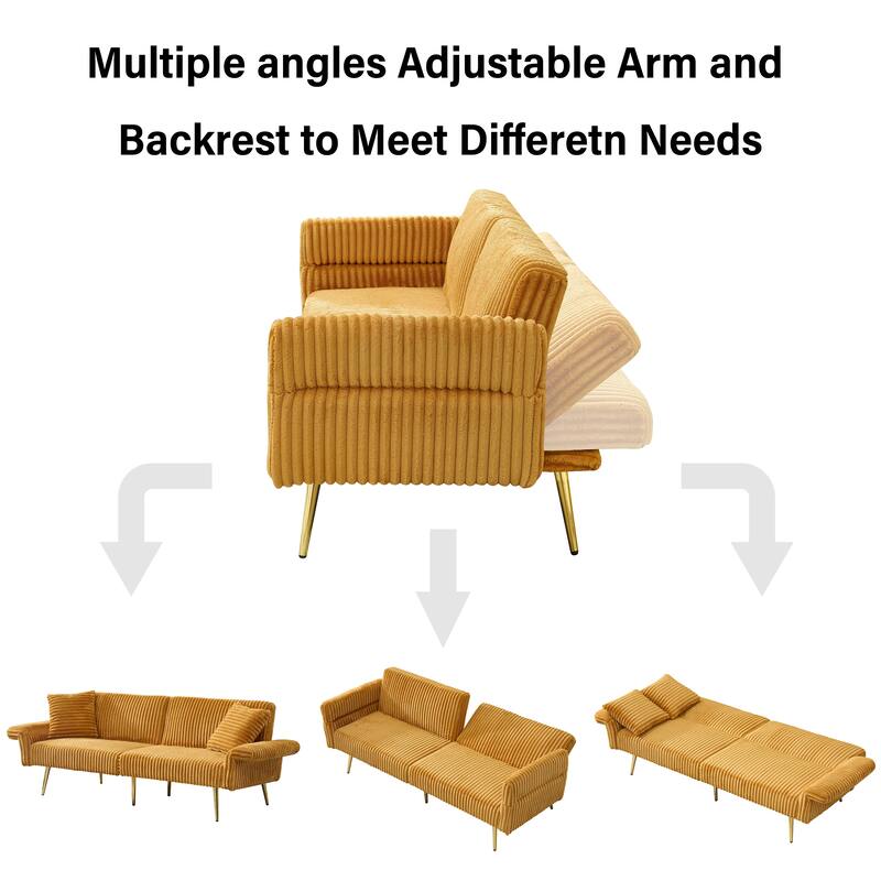 79" Corduroy Foldable Sofa Bed with 3-Position Armrests, High-Resilience Foam, and Metal Legs