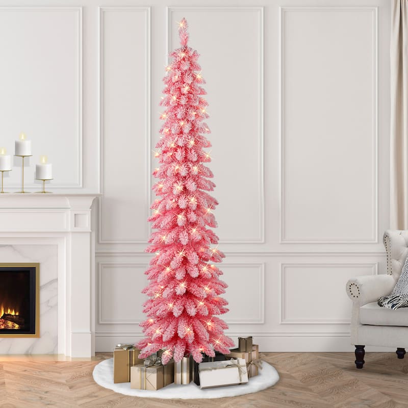 Puleo International 7 ft. Pre-Lit Flocked Pink Artificial Alpine Pencil Tree