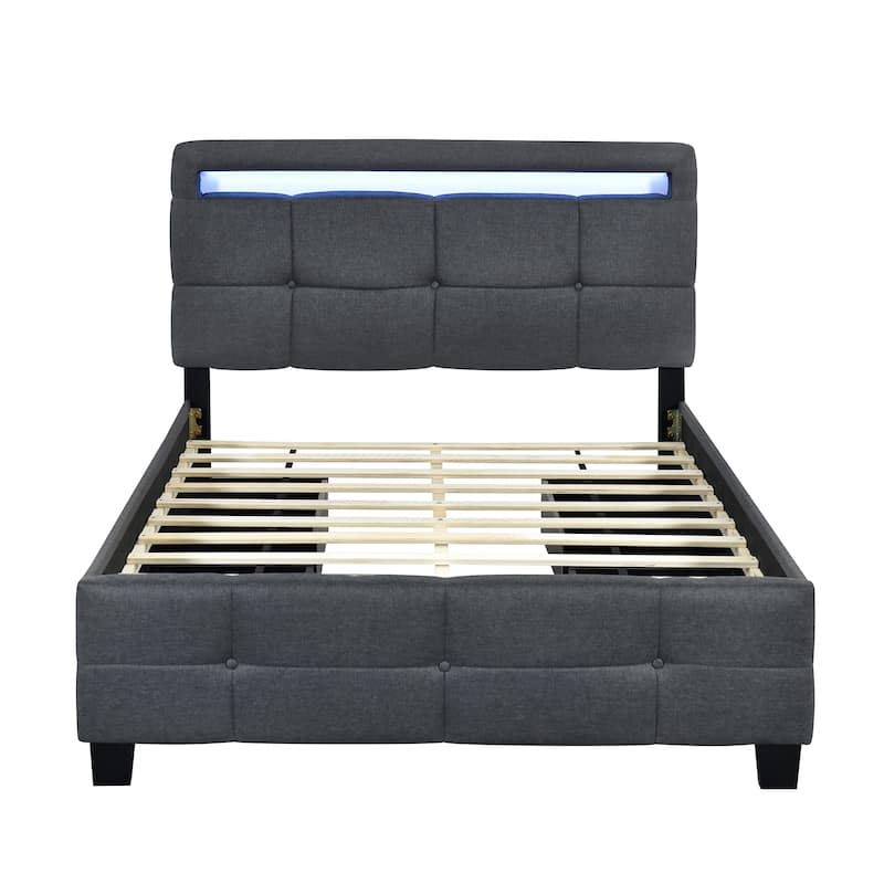 Full Size Upholstered Platform Bed with LED Frame and 4 Drawers, Linen ...