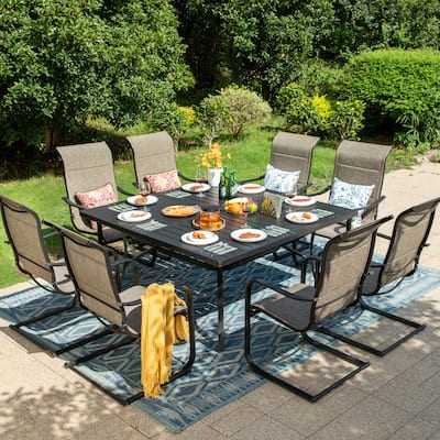 MAISON ARTS 9 Pieces Patio Dining Set, 60 Inch Square Metal Table and Sling Dining Rocking Chairs